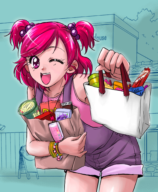 sugame (artist), sugame (himitsu kichi), yumehara nozomi, precure, yes! precure 5, 00s, 1girl, ;d, bag, bent over, eyelashes, female focus, groceries, grocery bag, hair bobbles, hair ornament, looking at viewer, one eye closed, open mouth, overalls, pink eyes, pink hair, purple overalls, red eyes, red hair, shopping bag, short hair, smile, solo, twintails, two side up, wink