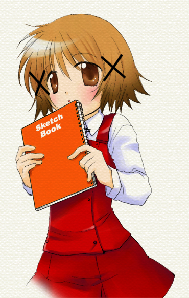 sugame (artist), sugame (himitsu kichi), yuno (hidamari sketch), hidamari sketch, 00s, 1girl, blush, brown eyes, brown hair, cowboy shot, dress, female focus, hair ornament, long sleeves, looking at viewer, red dress, school uniform, short hair, simple background, sketchbook, solo, white background, x hair ornament, yamabuki high school uniform