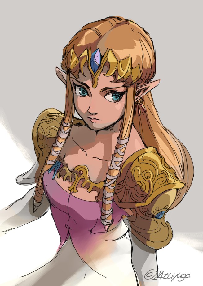 tsuyuga, princess zelda, nintendo, the legend of zelda, the legend of zelda: twilight princess, 1girl, armor, blonde hair, blue eyes, blue gemstone, breasts, closed mouth, collarbone, crown, dress, earrings, elbow gloves, gem, gloves, gold armor, hair ribbon, jewelry, long hair, medium breasts, pink dress, pointy ears, ribbon, shoulder armor, sidelocks, sketch, solo, twitter username, upper body, white gloves, white ribbon