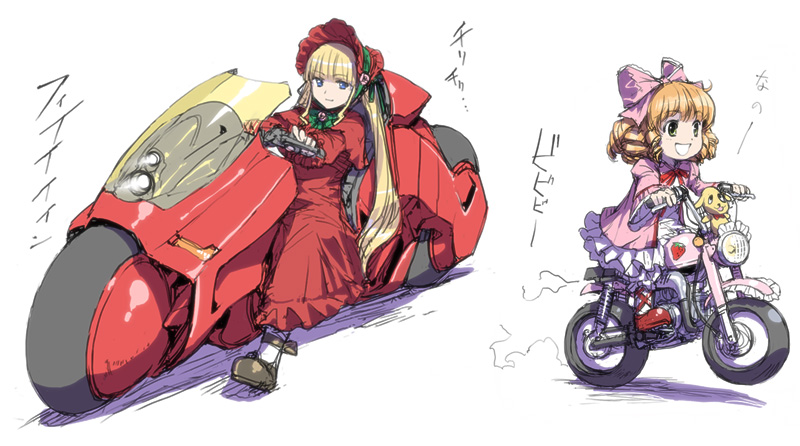shirayuki shoushirou, hinaichigo, kunkun, shinku, akira (manga), rozen maiden, vehicle, 2girls, blonde hair, blue eyes, bonnet, bow, brown hair, doll, dress, drill hair, food, fruit, motor vehicle, motorcycle, multiple girls, parody, pink bow, red dress, strawberry, twintails