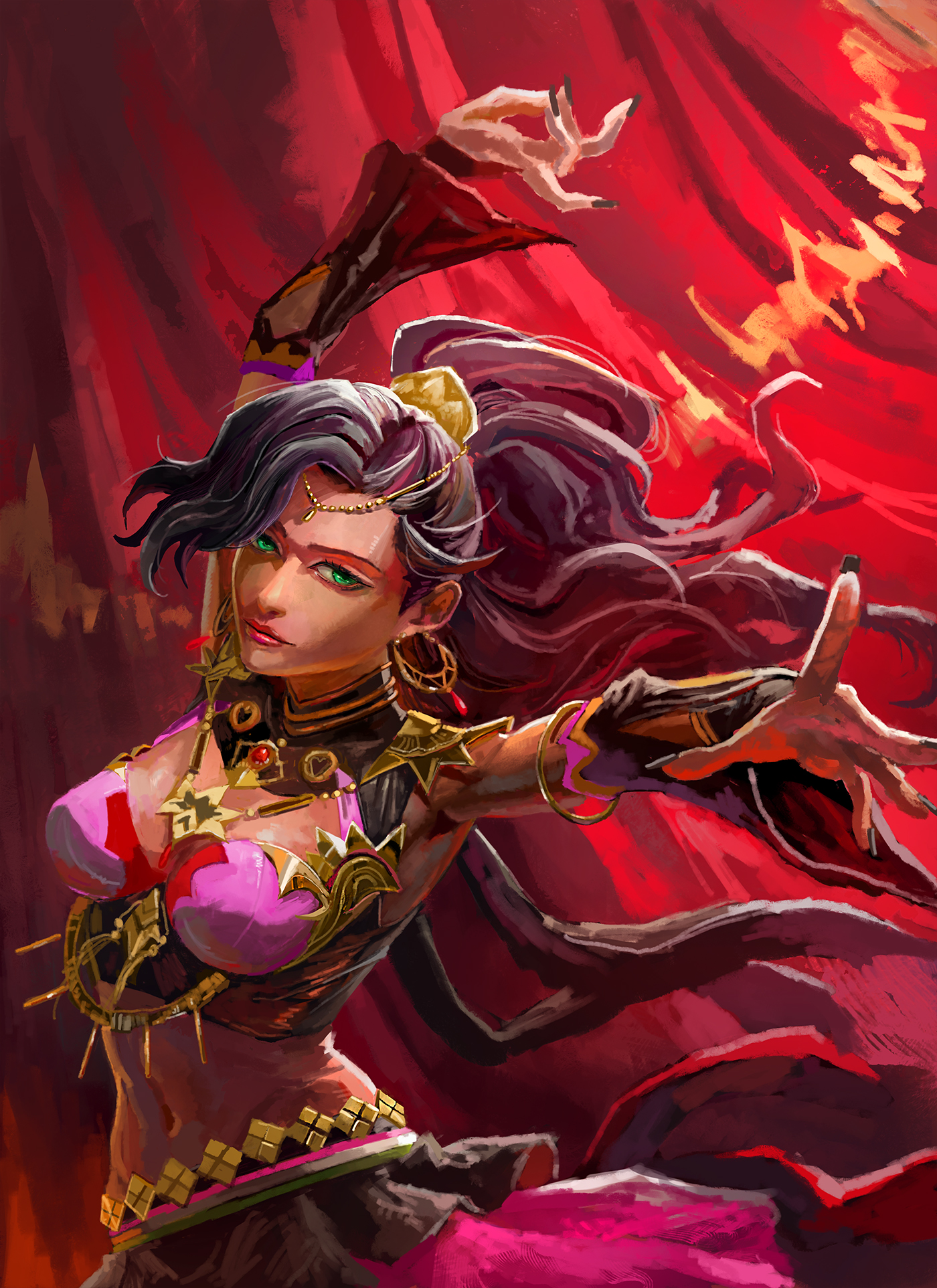 yanmanxplore, leda (fire emblem), fire emblem, fire emblem: fortune's weave, nintendo, commentary, english commentary, highres, 1girl, armpits, arms up, blue eyes, blue hair, breasts, closed mouth, crescent, crescent earrings, crop top, dancer, dancing, dark-skinned female, dark skin, earrings, gold choker, gold earrings, harem outfit, high ponytail, jewelry, looking at viewer, medium breasts, midriff, navel, ponytail, red lips, skirt, solo, stomach, upper body