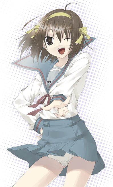 yuizaki kazuya, suzumiya haruhi, suzumiya haruhi no yuuutsu, bad id, bad pixiv id, 00s, panties, pointing, school uniform, serafuku, solo, underwear