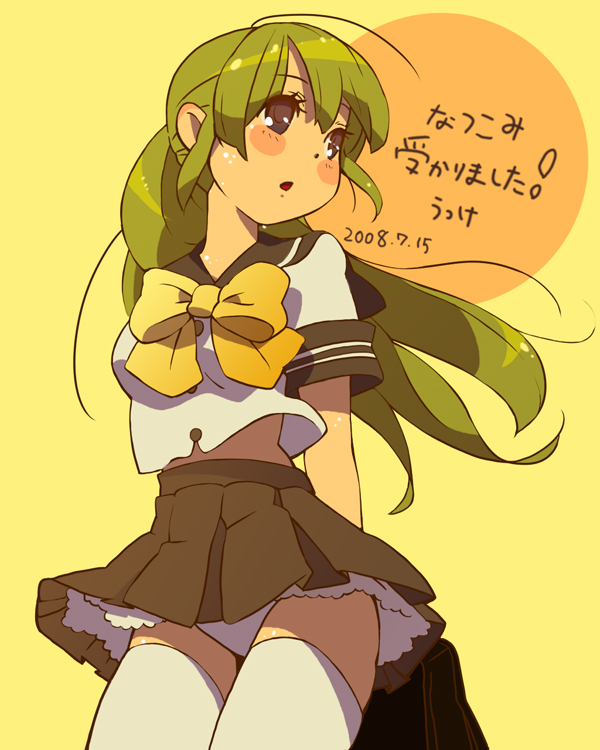 ukke, original, 1girl, ahoge, arms behind back, bag, blush stickers, bow, bowtie, brown eyes, brown skirt, buttons, dated, female focus, green hair, layered skirt, open mouth, panties, ponytail, school uniform, serafuku, shiny skin, short sleeves, simple background, skirt, solo, thighhighs, underwear, white panties, white thighhighs, yellow background