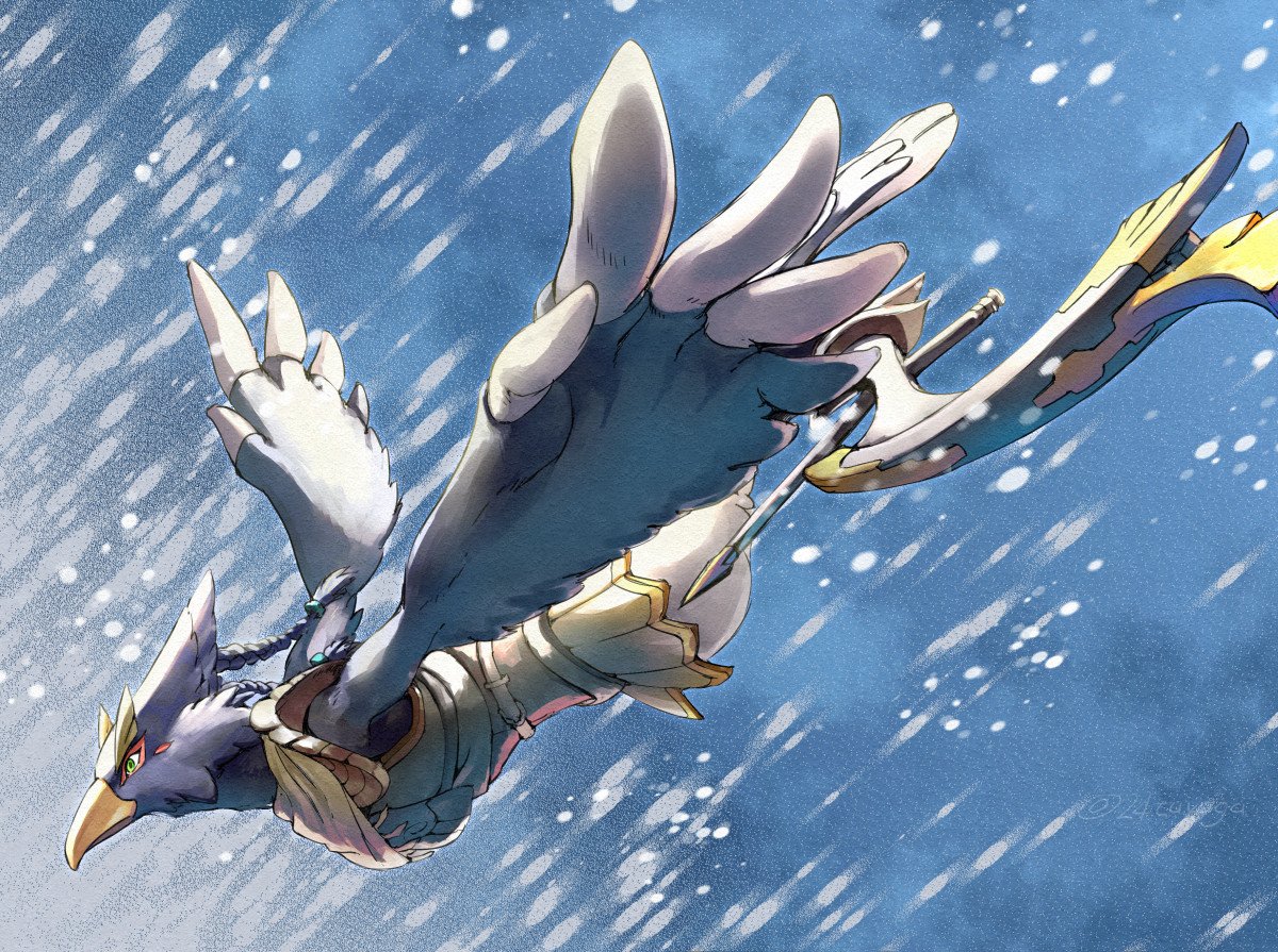 tsuyuga, revali, nintendo, the legend of zelda, the legend of zelda: breath of the wild, 1boy, armor, beak, bird boy, bird wings, blue feathers, braid, closed mouth, eyeliner, facial mark, feathers, flying, full body, green eyes, makeup, monster boy, multiple braids, outstretched arms, profile, red eyeliner, rito, shoulder armor, solo, wings