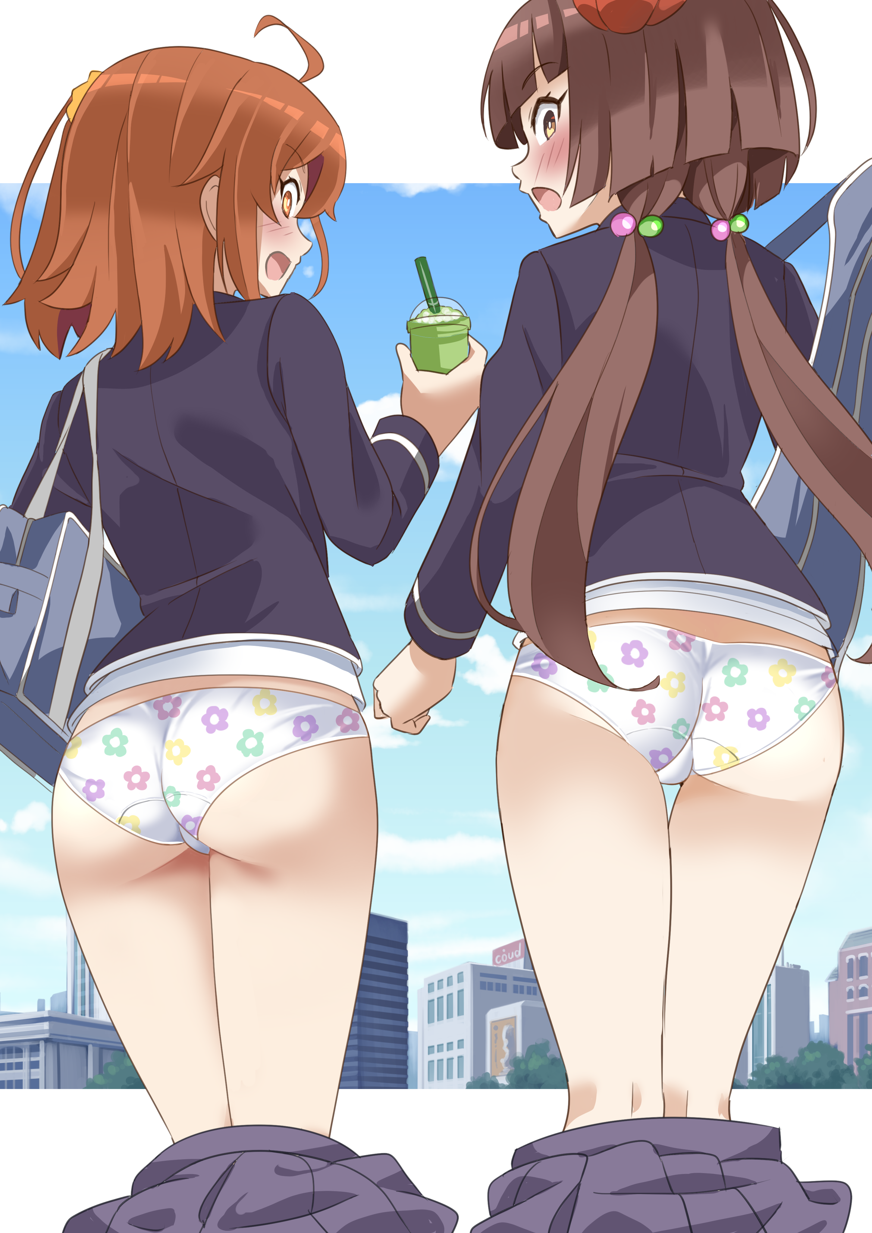 shimouki izui, fujimaru ritsuka (female), komahime (fate), fate/grand order, fate (series), absurdres, highres, 2girls, ahoge, ass, bag, black socks, blush, bright pupils, brown eyes, brown hair, crotch seam, cup, disposable cup, embarrassed, floral print, floral print panties, from behind, grey jacket, grey skirt, hair bobbles, hair ornament, holding, holding cup, jacket, kneehighs, letterboxed, long hair, long sleeves, medium hair, multiple girls, open mouth, orange eyes, orange hair, outdoors, outside border, panties, pleated skirt, print panties, school bag, school uniform, sideways mouth, skirt, smile, socks, twintails, underwear, unworn skirt, white panties, white pupils, wide-eyed