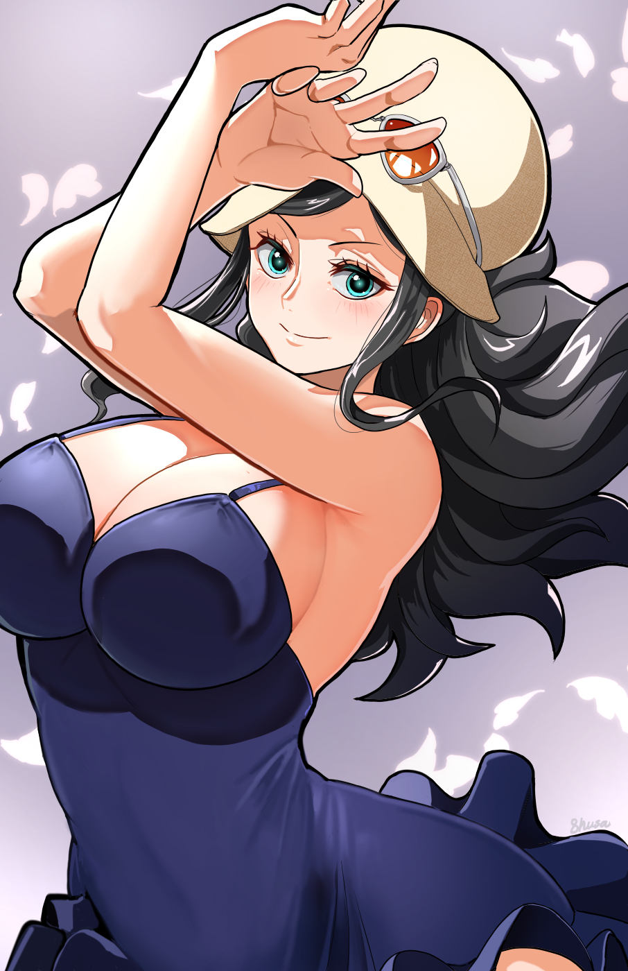 fujioka yatsufusa, nico robin, one piece, commentary request, highres, 1girl, black hair, blue dress, blush, breasts, closed mouth, dress, eyelashes, eyewear on head, hat, large breasts, long hair, looking at viewer, orange-tinted eyewear, pink petals, smile, solo, swept bangs, tinted eyewear, white hat