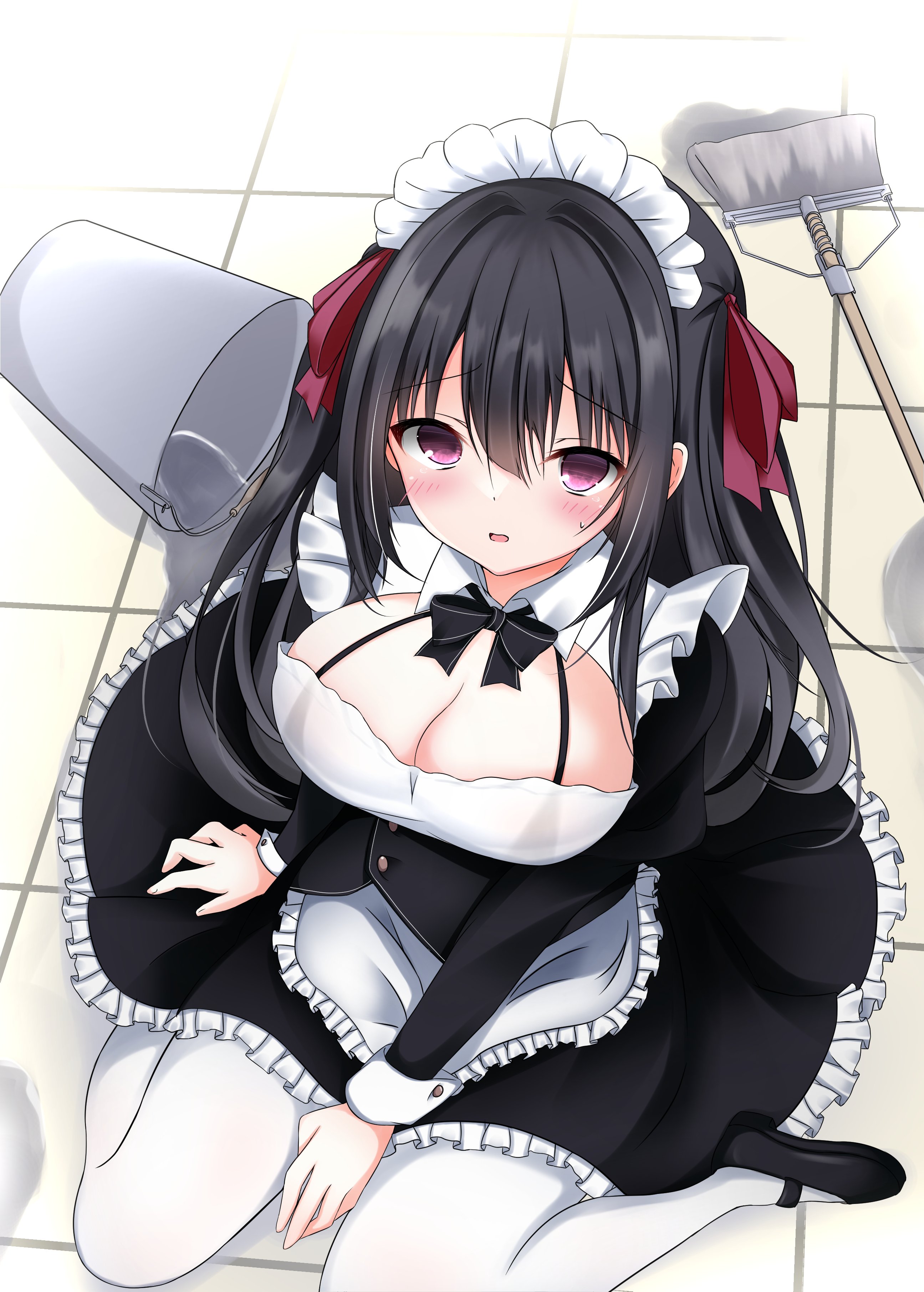 uuy (uuypro), original, absurdres, commentary, highres, 1girl, accident, apron, arm at side, between legs, black bow, black bowtie, black dress, black hair, black shoes, blunt bangs, blush, bow, bowtie, breasts, bucket, cleavage, cleavage cutout, clothing cutout, dress, eyes visible through hair, frilled apron, frilled dress, frills, from above, full body, furrowed brow, hair between eyes, hair intakes, hair ribbon, hand between legs, juliet sleeves, large breasts, long hair, long sleeves, looking at viewer, maid, maid apron, maid day, maid headdress, maitsuki moe, mary janes, mop, on floor, open mouth, pantyhose, puffy sleeves, purple eyes, red ribbon, ribbon, shoes, sidelocks, sitting, solo, straight hair, sweatdrop, tile floor, tiles, two side up, upturned eyes, wariza, water, white apron, white pantyhose