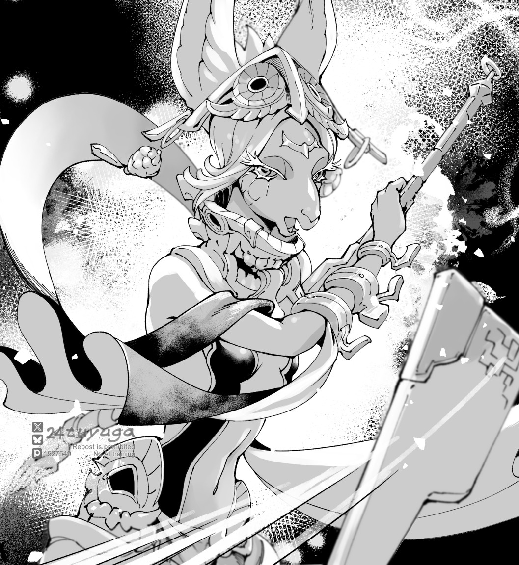 tsuyuga, mineru (zelda), nintendo, the legend of zelda, the legend of zelda: tears of the kingdom, 1girl, animal ears, bare shoulders, breasts, cleavage, colored eyelashes, earrings, facial mark, fighting stance, goat ears, goat girl, greyscale, holding, holding weapon, jewelry, mask, mask on head, medium breasts, midriff, monochrome, navel, open mouth, plunging neckline, scarf, solo, twitter username, upper body, weapon, zonai