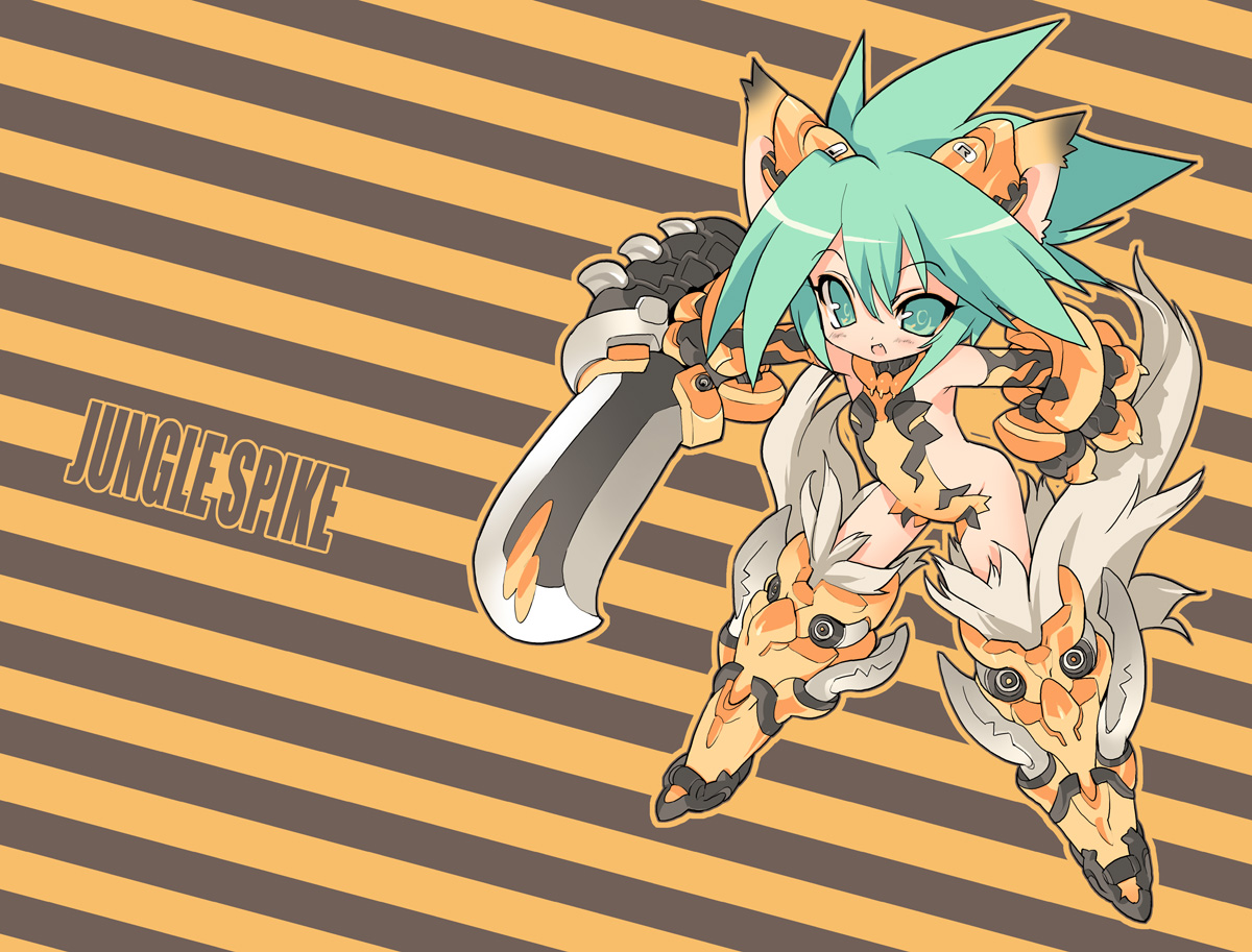 blade (galaxist), cham cham, samurai spirits, snk, bad id, bad pixiv id, 1girl, animal ears, armor, cat ears, fang, female focus, green eyes, green hair, long hair, machete, matching hair/eyes, mexico, solo, sword, weapon
