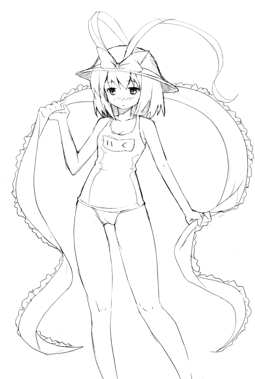 michii yuuki, nagae iku, touhou, 1girl, female focus, greyscale, hat, monochrome, one-piece swimsuit, school swimsuit, short hair, solo, swimsuit, white background