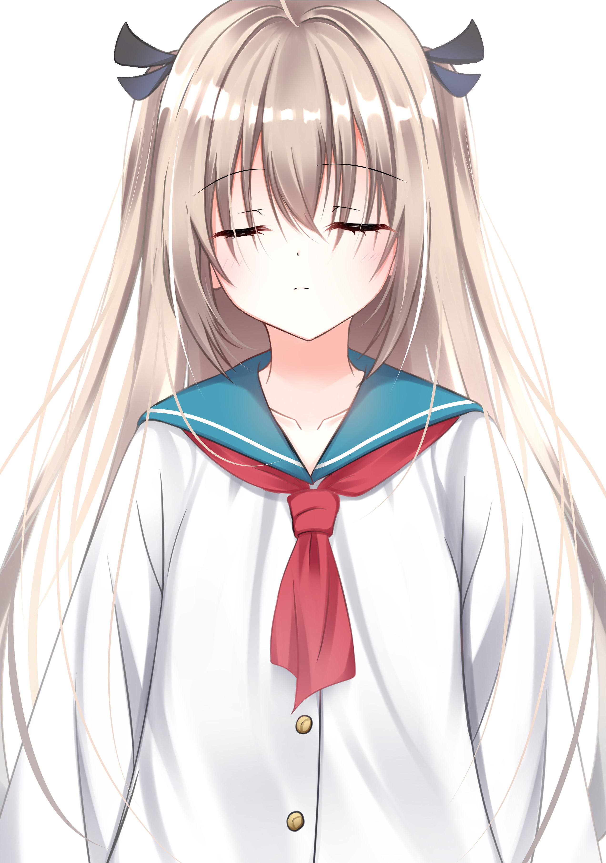 uuy (uuypro), atri, atri-my dear moments-, absurdres, commentary request, highres, 1girl, arms at sides, ascot, black ribbon, blue sailor collar, blush, brown hair, closed eyes, closed mouth, collarbone, dress, expressionless, eyelashes, eyes visible through hair, facing viewer, hair between eyes, hair ribbon, long hair, long sleeves, red ascot, ribbon, sailor collar, sailor dress, simple background, solo, split mouth, straight-on, straight hair, two side up, upper body, very long hair, white background, white dress