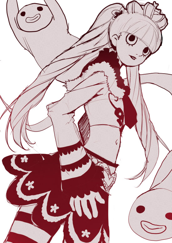 pikazo, perona, one piece, 1girl, belt, capelet, crown, devil fruit, female focus, fur trim, ghost, horo horo no mi, jolly roger, long hair, long sleeves, midriff, monochrome, navel, pantyhose, patterned legwear, purple theme, short cape, skirt, solo, striped clothes, striped pantyhose, thriller bark, transparent background, twintails, very long hair, white background