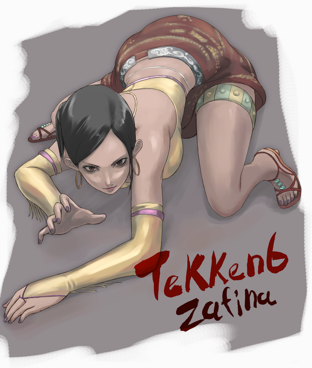 tea (nakenashi), zafina, namco, tekken, tekken 6, 1girl, all fours, black hair, character name, copyright name, detached sleeves, elbow gloves, gloves, high heels, jewelry, lots of jewelry, nail polish, open shoes, purple nails, red eyes, sandals, shoes, short hair