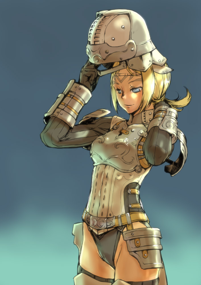 branch (blackrabbits), mithra (ff11), final fantasy, final fantasy xi, bad id, bad pixiv id, 00s, 1girl, animal ears, armor, belt, blonde hair, blue eyes, breastplate, cat tail, circlet, faulds, female focus, gloves, helm, helmet, pauldrons, shoulder armor, smile, solo, tail, thighhighs, vambraces