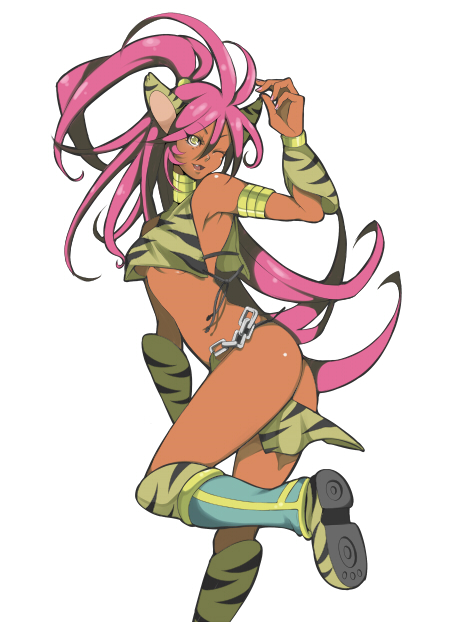 akishima kei, original, 1girl, animal ears, animal print, arm up, armlet, ass, bare shoulders, boots, breasts, cat ears, chain, crop top, cropped legs, dark-skinned female, dark skin, fantasy, female focus, from side, hair between eyes, half updo, jewelry, kushizaki mayo, loincloth, long hair, looking at viewer, midriff, one eye closed, ponytail, purple hair, shirt, simple background, sleeveless, sleeveless shirt, solo, standing, standing on one leg, tiger print, very long hair, white background, wink