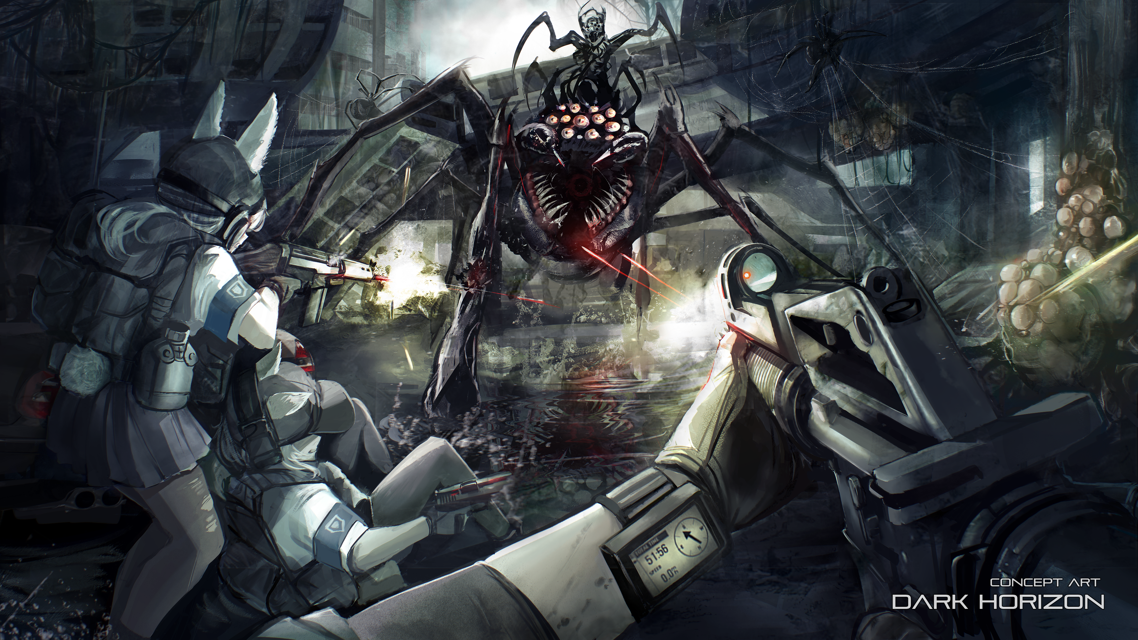 arktic, original, absurdres, commentary, english commentary, highres, 3girls, animal ears, armband, assault rifle, baseball cap, battle rifle, black gloves, blue armband, colt commando, english text, firing, fn fal, glock, gloves, gun, handgun, hat, helmet, holding, holding gun, holding weapon, monster, multiple girls, outdoors, oversized bug, oversized spider, pov, rifle, weapon