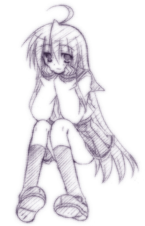 yuzuki kotona, izumi konata, lucky star, 00s, 1girl, ahoge, female focus, full body, loafers, long hair, long sleeves, monochrome, purple theme, sailor collar, school uniform, serafuku, shoes, simple background, sitting, solo, very long hair, white background