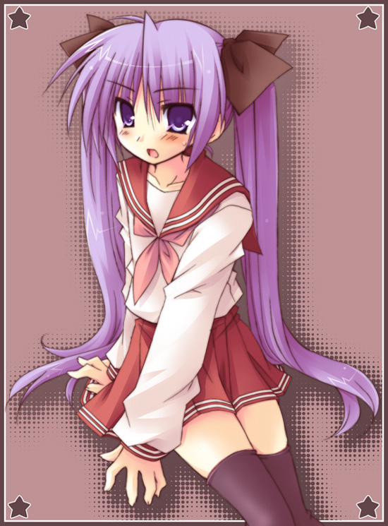 yuzuki kotona, hiiragi kagami, lucky star, 00s, 1girl, female focus, school uniform, serafuku, skirt, solo, thighhighs