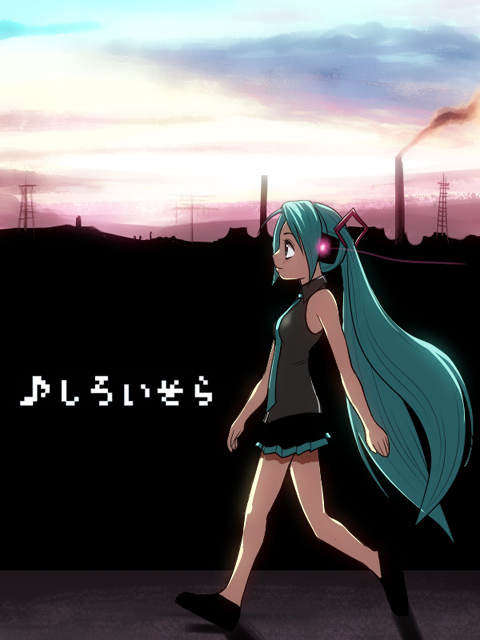 diisuke, hatsune miku, vocaloid, 1girl, aqua eyes, aqua hair, chimney, female focus, from side, green eyes, green hair, headphones, light trail, long hair, matching hair/eyes, no socks, skirt, solo, twilight, twintails, very long hair, walking
