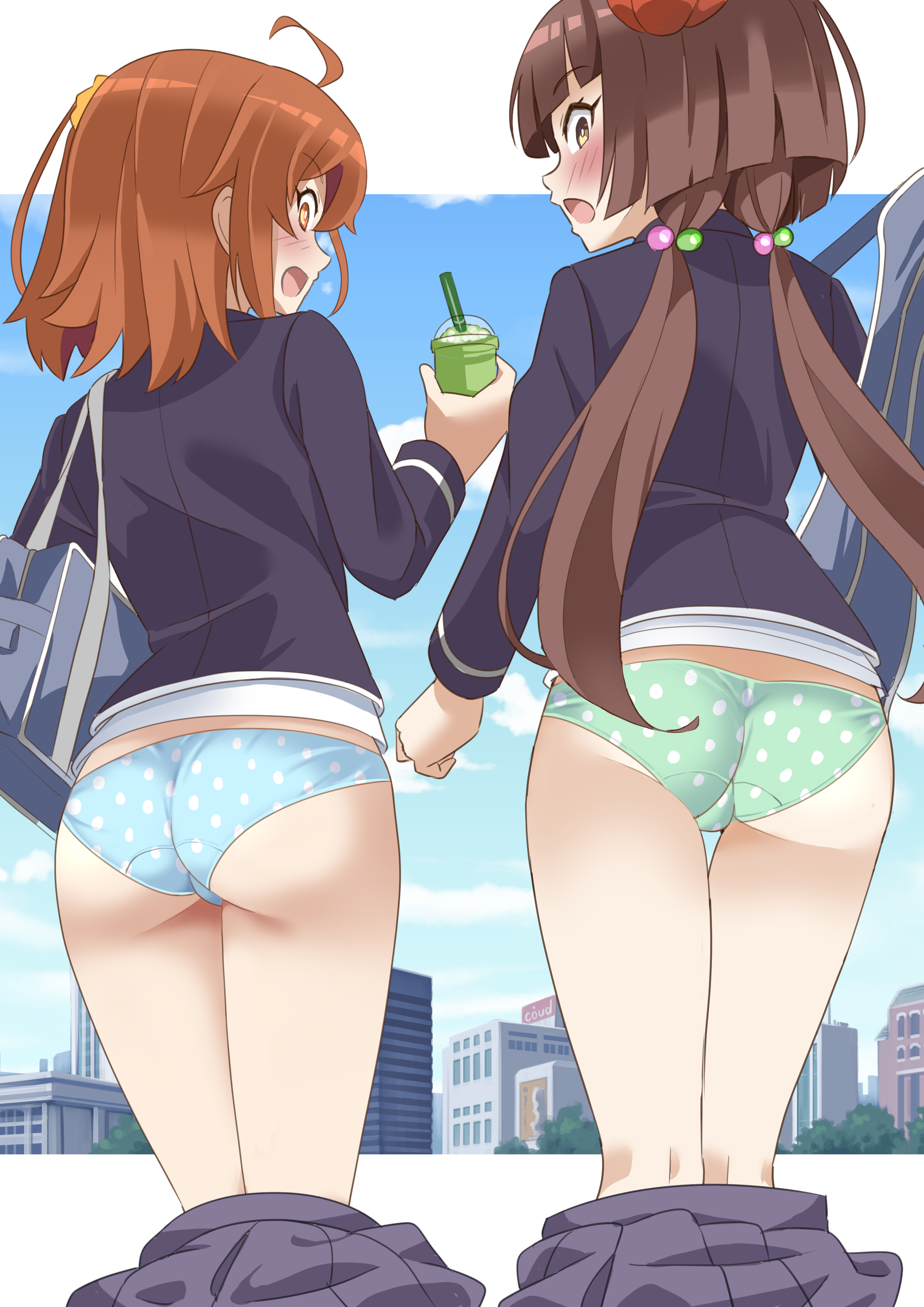 shimouki izui, fujimaru ritsuka (female), komahime (fate), fate/grand order, fate (series), absurdres, highres, 2girls, ahoge, ass, bag, black socks, blue panties, blush, bright pupils, brown eyes, brown hair, crotch seam, cup, disposable cup, embarrassed, from behind, green panties, grey jacket, grey skirt, hair bobbles, hair ornament, holding, holding cup, jacket, kneehighs, letterboxed, long hair, long sleeves, medium hair, multiple girls, open mouth, orange eyes, orange hair, outdoors, outside border, panties, pleated skirt, polka dot, polka dot panties, school bag, school uniform, sideways mouth, skirt, smile, socks, twintails, underwear, unworn skirt, white pupils, wide-eyed