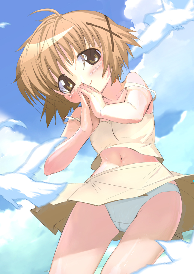 misagi nagu, yuno (hidamari sketch), hidamari sketch, 00s, 1girl, bird, cameltoe, female focus, midriff, navel, panties, short hair, solo, underwear, upskirt, white panties, wind, wind lift