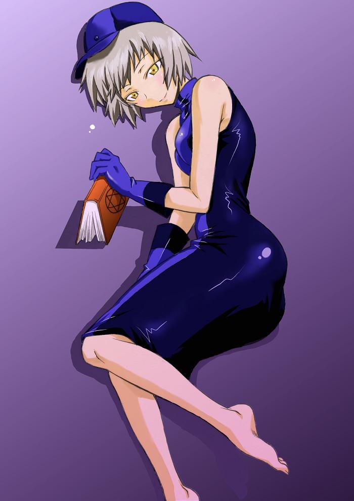 segami daisuke, elizabeth (persona), atlus, persona, persona 3, silver hair, anime screenshot, 1girl, barefoot, book, dress, feet, female focus, gloves, latex, latex dress, latex gloves, lying, no legwear, smile, solo, yellow eyes
