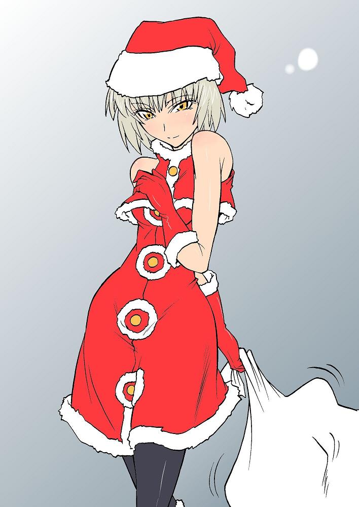segami daisuke, elizabeth (persona), atlus, persona, persona 3, silver hair, 1girl, christmas, female focus, gradient background, pantyhose, santa costume, solo, yellow eyes