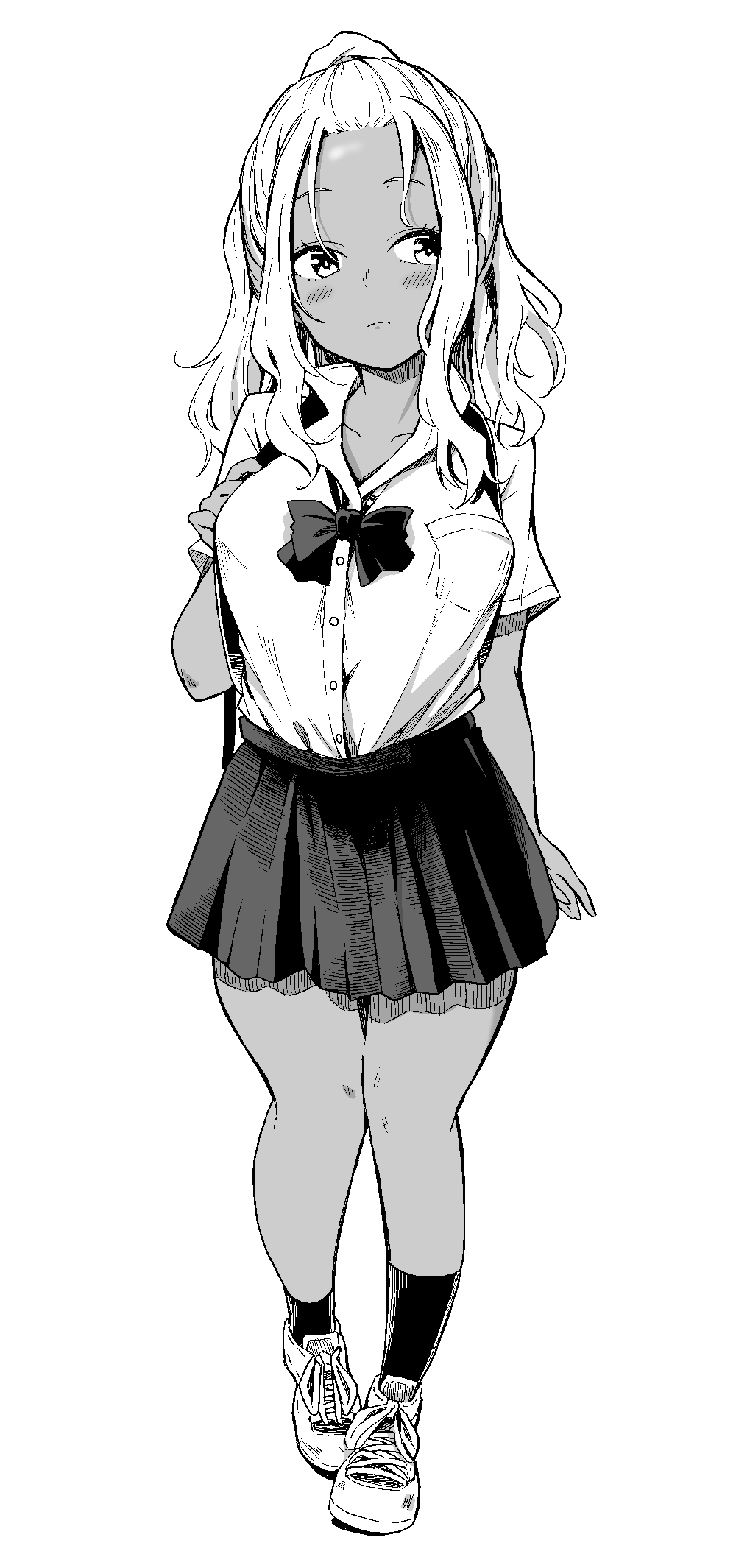 shiiba aki, ichinose karina, manemane nichinichi, commentary request, highres, 1girl, bow, bowtie, breast pocket, closed mouth, full body, grey hair, long hair, pleated skirt, pocket, school uniform, shirt tucked in, shoes, simple background, skirt, socks, solo, standing, tachi-e, tan, white background