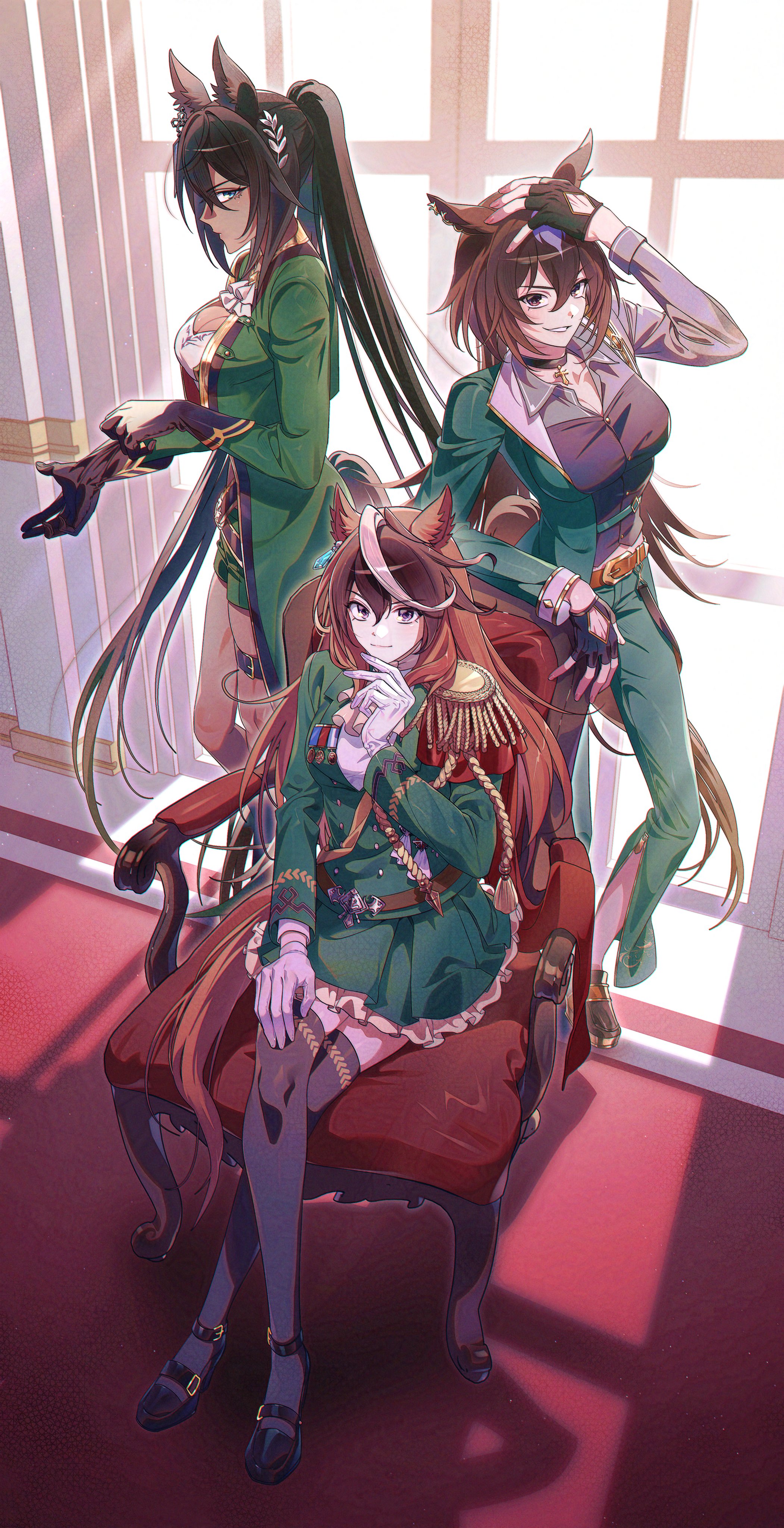 murangee, sirius symboli (umamusume), symboli kris s (umamusume), symboli rudolf (emperor's path) (umamusume), symboli rudolf (umamusume), umamusume, absurdres, highres, 3girls, aiguillette, animal ears, ascot, black choker, black gloves, black hair, black thighhighs, blue eyes, breasts, brown hair, buttons, cape, chair, choker, cleavage, closed mouth, crop top, dark-skinned female, dark skin, double-breasted, ear ornament, earrings, epaulettes, fingerless gloves, gloves, green jacket, green pants, green shorts, green skirt, hair between eyes, horse ears, horse girl, horse tail, indoors, jacket, jewelry, large breasts, long hair, long sleeves, looking at viewer, medal, multicolored hair, multiple girls, on chair, open clothes, open jacket, pants, parted lips, pendant choker, ponytail, purple eyes, red cape, red eyes, shirt, shoes, shorts, side cape, single earring, single epaulette, sitting, skirt, smile, streaked hair, symboli kris s (onyx soldier) (umamusume), tail, thigh strap, thighhighs, very long hair, white ascot, white gloves, white hair, window