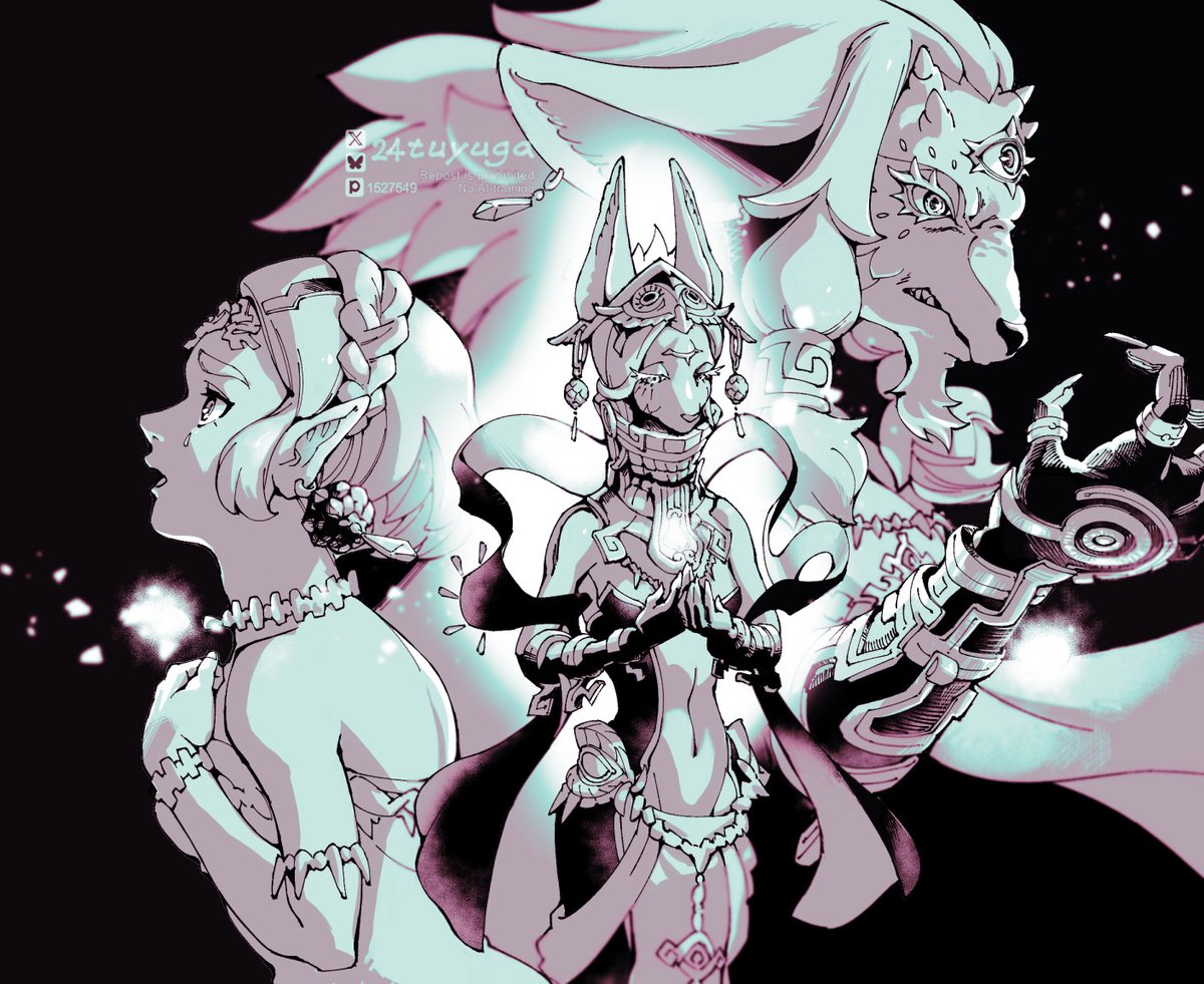 tsuyuga, mineru (zelda), princess zelda, rauru (tears of the kingdom), nintendo, the legend of zelda, the legend of zelda: tears of the kingdom, animal earrings, armlet, bare shoulders, black background, bracelet, braid, breasts, choker, circlet, clenched teeth, crown braid, dress, goat boy, goat girl, greyscale, hair rings, half-closed eyes, hand on own chest, horizontal pupils, jewelry, mask, mask on head, medium breasts, midriff, monochrome, navel, open mouth, own hands together, parted bangs, short hair, sidelocks, strapless, strapless dress, teardrop facial mark, teeth, third eye, twitter username, upper body, zonai