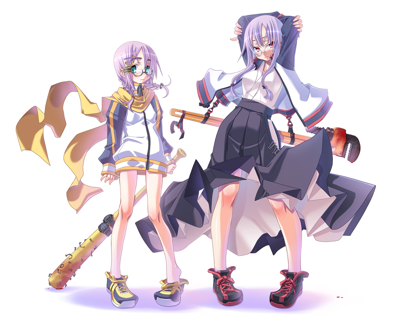 sakuya tsuitachi, 2girls, baseball bat, blood, braid, fingernails, glasses, green eyes, hakama, hakama skirt, jacket, japanese clothes, multiple girls, nail (hardware), nail bat, no socks, purple hair, red eyes, scarf, shoes, skirt, sneakers, twintails, watch, weapon, wrench, wristwatch