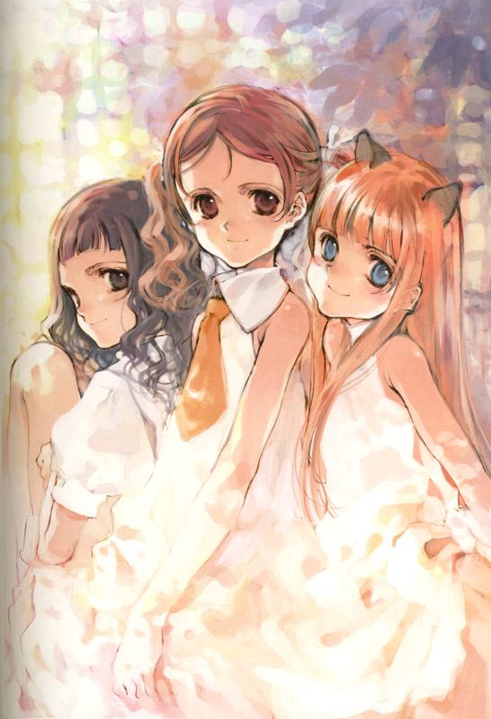 ooyari ashito, ema (clovers), ema (shirotsume souwa), sayu (clovers), sayu (shirotsume souwa), toka (clovers), touka (shirotsume souwa), littlewitch, shirotsume souwa, official art, 3girls, animal ears, bare shoulders, black eyes, black hair, blue eyes, blunt bangs, blush, brown eyes, brown hair, cat ears, child, cowboy shot, dress, everyone, flat chest, from behind, hair ribbon, halterneck, head tilt, legs, lolita fashion, long hair, looking back, multiple girls, necktie, orange hair, parted bangs, pinup (portrait), profile, ribbon, short hair, short twintails, sidelocks, sitting, sleeveless, smile, standing, turtleneck, twintails, wavy hair, window