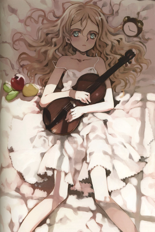 ooyari ashito, charlotte francia, littlewitch, quartett!, 1girl, alarm clock, bed, blonde hair, blue eyes, child, clock, curly hair, dress, female focus, food, fruit, instrument, long hair, lying, on back, skirt, solo, strap slip, violin, white skirt, window shadow
