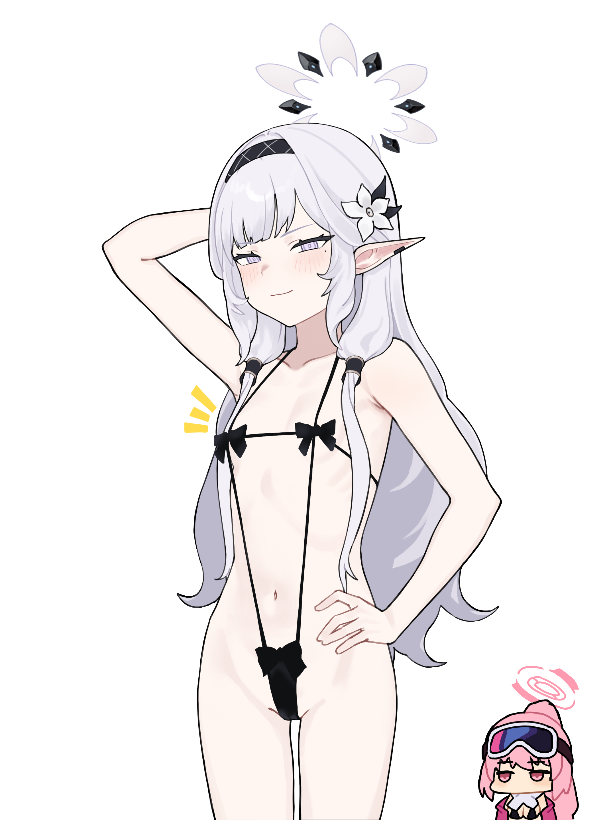 eimi (blue archive), eimi (swimsuit) (blue archive), himari (blue archive), blue archive, absurdres, highres, non-web source, 2girls, armpits, arms up, bikini, black bikini, black hairband, blunt bangs, blush, breasts, elf, flat chest, flower, hair flower, hair ornament, hairband, hand on own hip, long hair, looking at viewer, multiple girls, pointy ears, smile, smug, standing, swimsuit, very long hair, white background, white hair