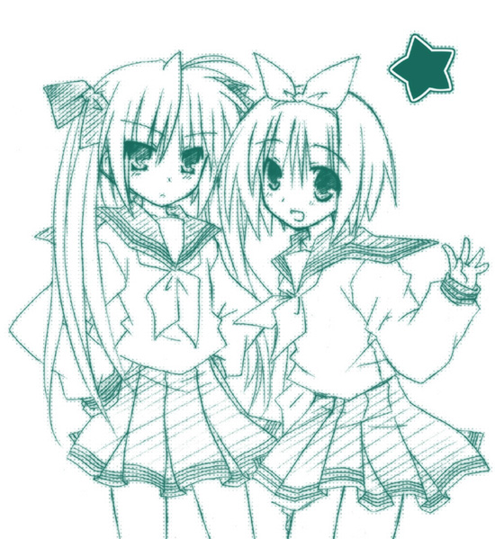 yuzuki kotona, hiiragi kagami, hiiragi tsukasa, lucky star, 00s, 2girls, blush, green theme, hands on own hips, long sleeves, looking at viewer, monochrome, multiple girls, neckerchief, pleated skirt, sailor collar, school uniform, serafuku, siblings, simple background, sisters, skirt, white background