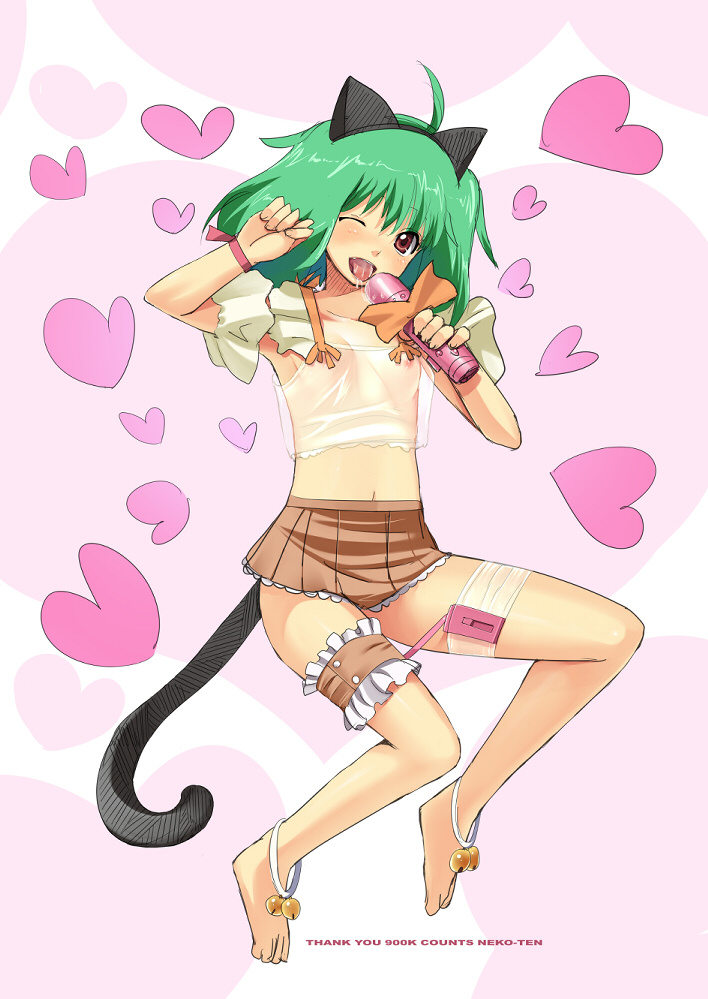 fujishiro touma, ranka lee, macross, macross frontier, 1girl, ahoge, animal ears, anklet, barefoot, bell, camisole, cat ears, cat tail, crop top, dildo, feet, female focus, flat chest, frilled thigh strap, green hair, jewelry, jingle bell, legs, m/, midriff, milestone celebration, nipples, no bra, one eye closed, parody, red eyes, saliva, see-through clothes, seikan hikou, sex toy, skirt, solo, tail, thigh strap, vibrator, wink