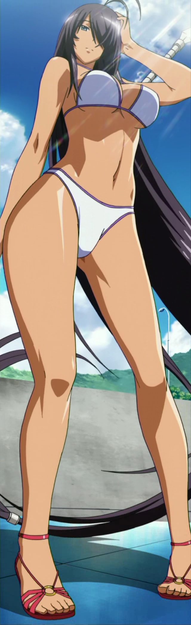 kan'u unchou, ikkitousen, highres, long image, tall image, bikini, hair over one eye, standing, swimsuit