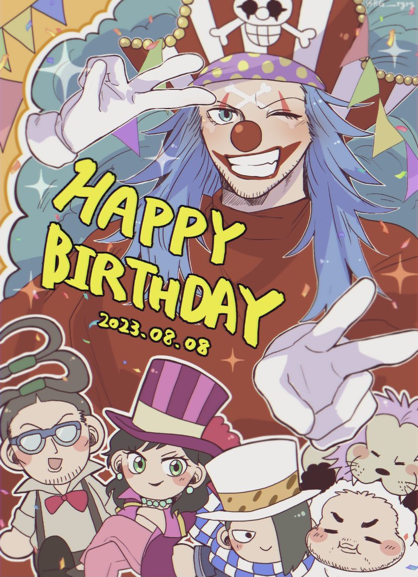 alvida (one piece), buggy the clown, cabaji, galdino, mohji (one piece), richie (one piece), one piece, commentary request, 1girl, 4boys, blue eyes, blue hair, blush, bow, bowtie, confetti, dated, earrings, gloves, green eyes, green hair, hair over one eye, happy birthday, hat, jewelry, lion, long hair, makeup, multiple boys, one eye closed, pearl earrings, pirate hat, rorirori gandhi, sparkle, sunglasses, twitter username, v, white gloves