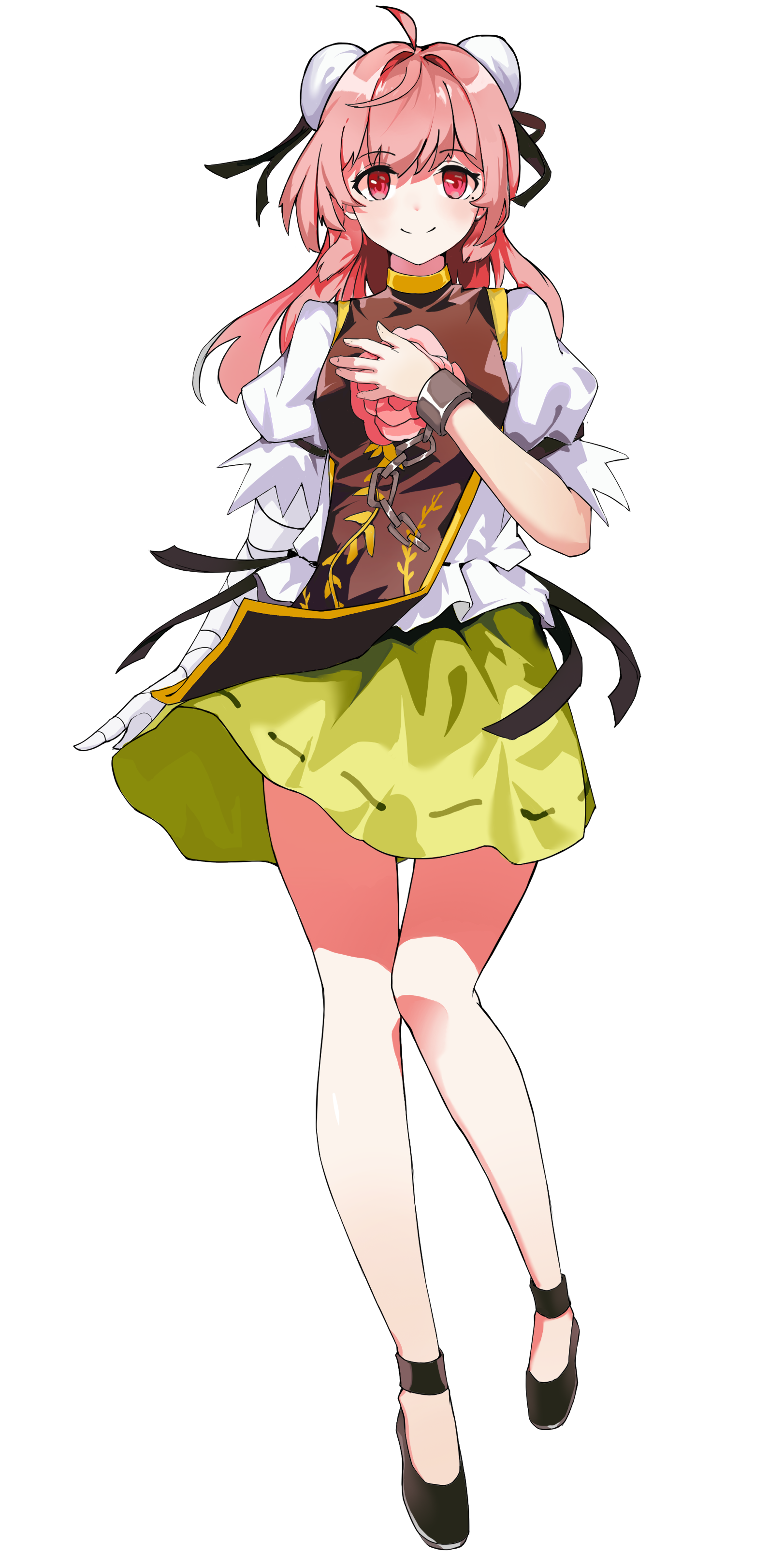 ibaraki kasen, touhou, absurdres, artist request, commentary, commentary request, commission, english commentary, highres, mixed-language commentary, psd available, second-party source, 1girl, bandaged arm, bandages, black shoes, blush, bun cover, chain, closed mouth, cuffs, double bun, flower, full body, green skirt, hair bun, looking at viewer, pink eyes, pink flower, pink hair, pink rose, red tabard, ribbon-trimmed skirt, ribbon trim, rose, shackles, shirt, shoes, short sleeves, skirt, smile, solo, tabard, tachi-e, transparent background, white shirt