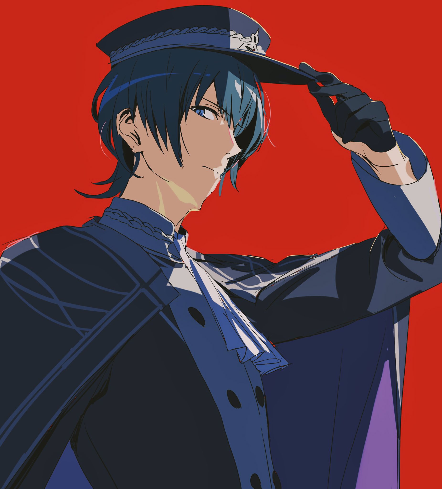 nakmini, male byleth (anchor of hope) (fire emblem), male byleth (fire emblem), fire emblem, fire emblem: three houses, fire emblem heroes, nintendo, highres, 1boy, ascot, black cape, black gloves, blue eyes, blue hair, cape, closed mouth, garreg mach monastery uniform, gloves, hat, long sleeves, looking at viewer, male focus, official alternate costume, peaked cap, purple cape, red background, short hair, simple background, sleeve cuffs, solo, two-tone cape, upper body, white ascot