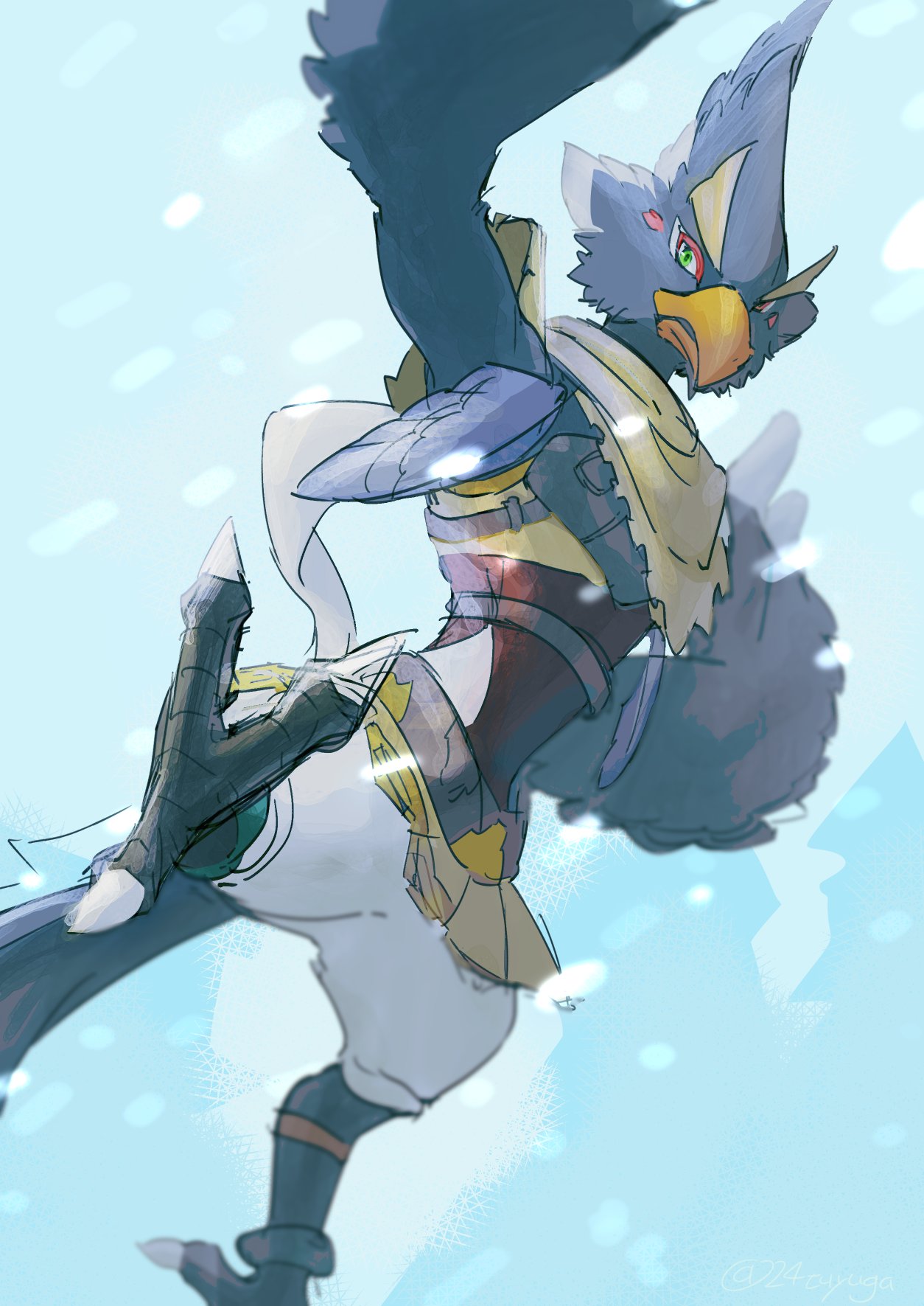 tsuyuga, revali, nintendo, the legend of zelda, the legend of zelda: breath of the wild, highres, 1boy, bird boy, bird wings, blue background, blue feathers, closed mouth, eyeliner, facial mark, feathers, green eyes, hand on own hip, makeup, male focus, monster boy, pants, red eyeliner, rito, scarf, sketch, solo, talons, white pants, wings