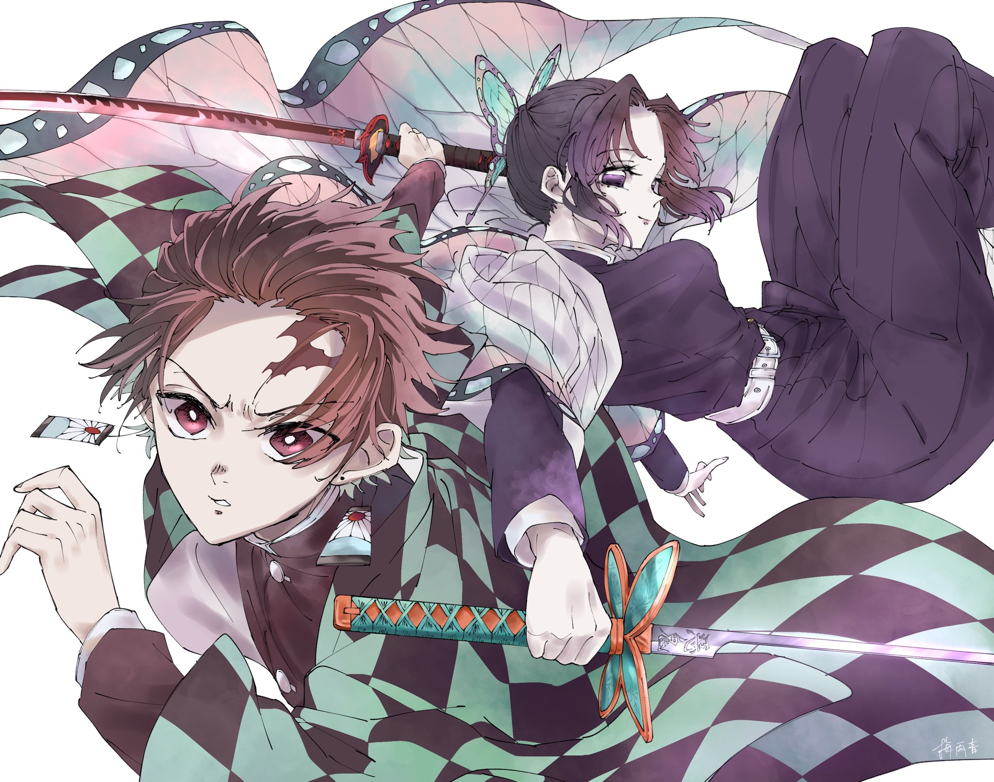 tsu yu ne, kamado tanjirou, kochou shinobu, kimetsu no yaiba, commentary, highres, symbol-only commentary, 1boy, 1girl, butterfly hair ornament, demon slayer uniform, earrings, hair bun, hair ornament, haori, holding, holding sword, holding weapon, japanese clothes, jewelry, purple eyes, red eyes, red hair, scar, scar on face, short hair, sidelocks, simple background, smile, sword, tassel, tassel earrings, weapon, white background