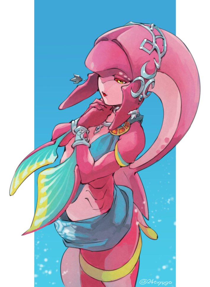 tsuyuga, mipha, nintendo, the legend of zelda, the legend of zelda: breath of the wild, 1girl, arm fins, blue background, border, bracer, colored skin, cowboy shot, eyeliner, fins, fish girl, gills, half-closed eyes, head fins, jewelry, makeup, monster girl, multicolored skin, own hands clasped, own hands together, pillarboxed, red eyeliner, red skin, solo, twitter username, two-tone skin, white border, white skin, zora