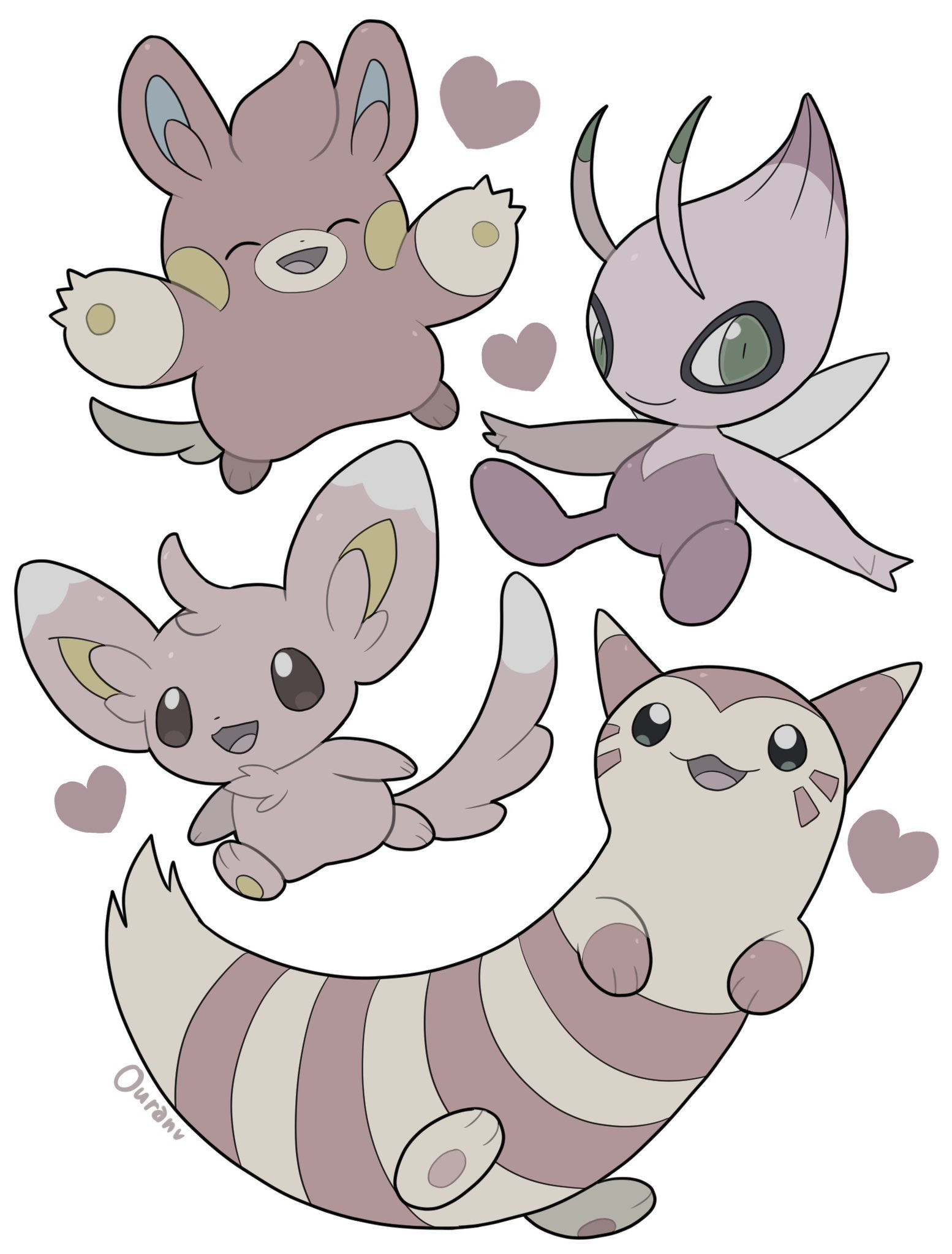 ouran, celebi, furret, minccino, pawmi, nintendo, pokemon, highres, alternate color, animal focus, antennae, closed eyes, closed mouth, full body, gen 2 pokemon, gen 5 pokemon, green eyes, heart, legendary pokemon, mythical pokemon, no humans, open mouth, pink fur, pokemon (creature), pokemon focus, shiny pokemon, simple background, smile, tail, white background, wings