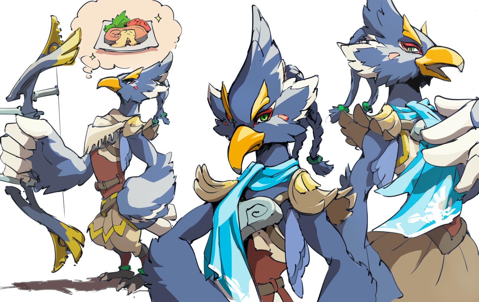 tsuyuga, revali, nintendo, the legend of zelda, the legend of zelda: breath of the wild, 1boy, aqua scarf, armor, bird boy, bird wings, blue feathers, bow (weapon), braid, eyeliner, facial mark, feathers, food, full body, green eyes, hand on own chest, holding, holding bow (weapon), holding weapon, image in thought bubble, makeup, male focus, monster boy, multiple braids, multiple views, open mouth, red eyeliner, rito, scarf, shoulder armor, smile, solo, sparkle, talons, upper body, weapon, white background, wings