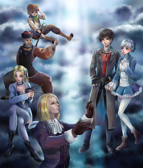 alice elliot, halley brancket, keith valentine, margarete gertrude zelle, yuri hyuga, zhuzhen liu, shadow hearts, silver hair, white legwear, 2girls, 4boys, ascot, belt, black gloves, black hair, blonde hair, buckle, crossed arms, fighting stance, gloves, long sleeves, looking at viewer, looking up, multiple boys, multiple girls, pants, pantyhose, standing