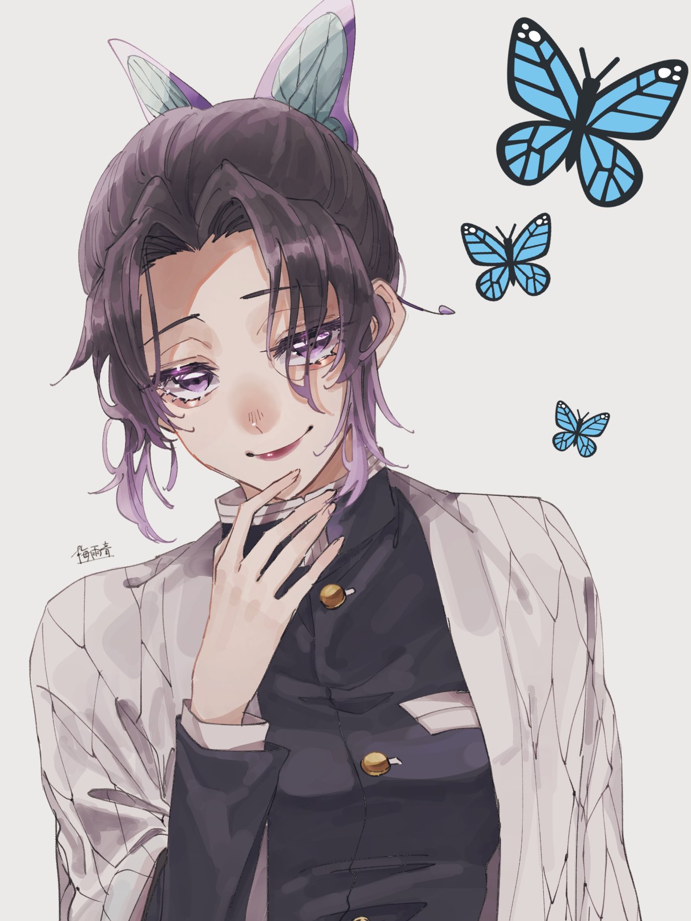 tsu yu ne, kochou shinobu, kimetsu no yaiba, highres, 1girl, black hair, blue butterfly, bug, butterfly, butterfly hair ornament, closed mouth, hair bun, hair ornament, haori, insect, japanese clothes, purple eyes, purple hair, red lips, sidelocks, simple background, smile, solo, upper body, white background