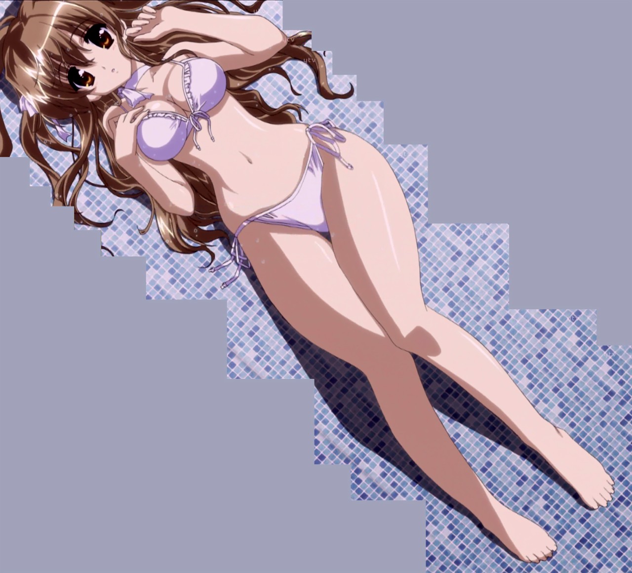 nogizaka haruka, nogizaka haruka no himitsu, anime screenshot, stitched, third-party edit, 00s, 1girl, bikini, breasts, brown eyes, brown hair, choker, cleavage, female focus, hip focus, long hair, looking at viewer, lying, side-tie bikini bottom, solo, swimsuit, white bikini, wide hips