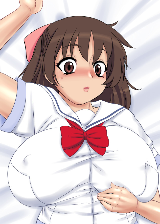 konmori (kinbou sokai), aoi minamo, real drive, 1girl, blush, breasts, brown eyes, brown hair, female focus, huge breasts, large breasts, plump, school uniform, serafuku, short hair, solo