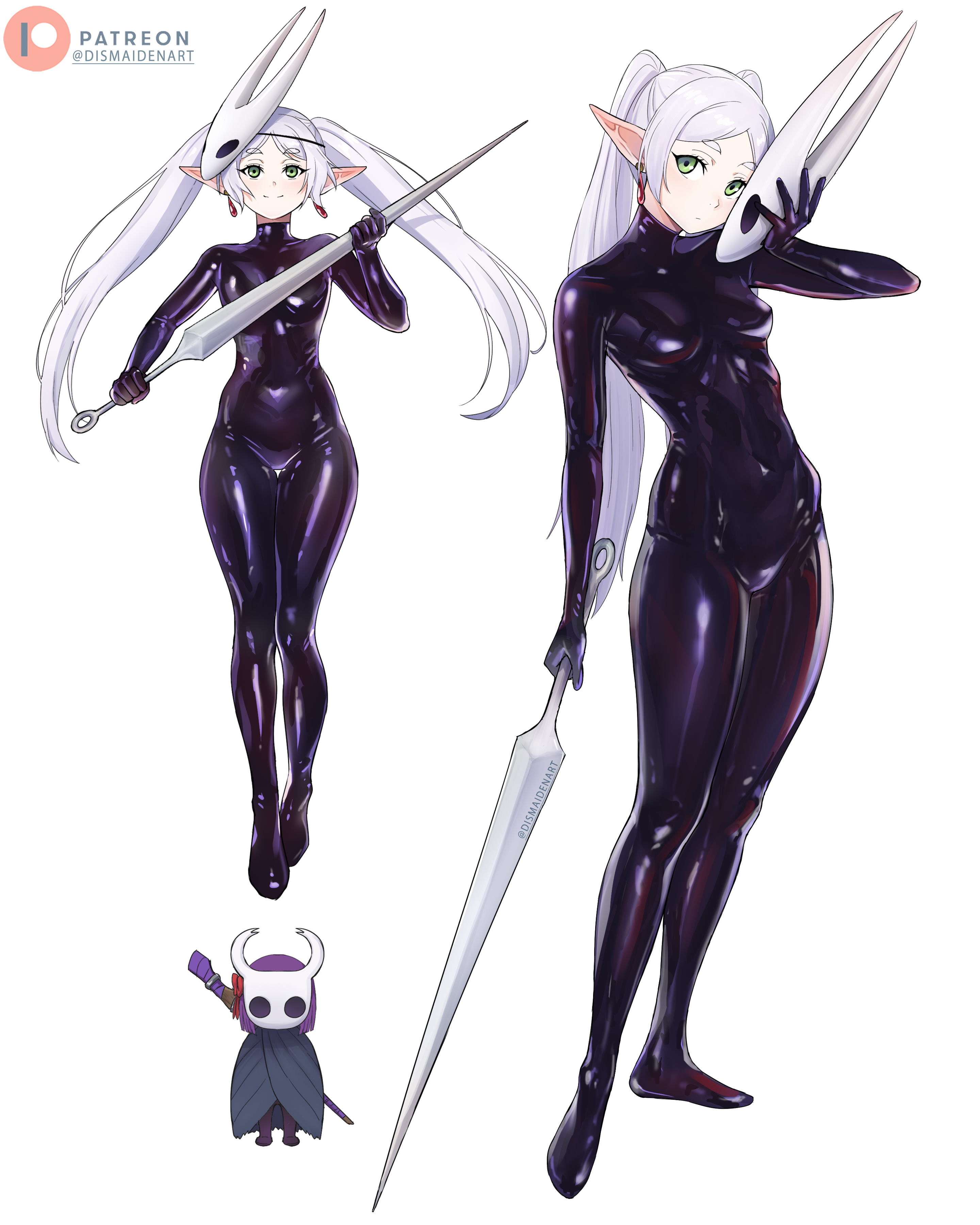 dismaiden, fern (sousou no frieren), frieren, hornet (hollow knight), hollow knight, sousou no frieren, absurdres, highres, 2girls, black bodysuit, bodysuit, breasts, closed mouth, cosplay, earrings, elf, full body, green eyes, grey hair, hornet (hollow knight) (cosplay), jewelry, long hair, multiple girls, multiple views, needle (hollow knight), patreon logo, patreon username, pointy ears, small breasts, smile, twintails, white background